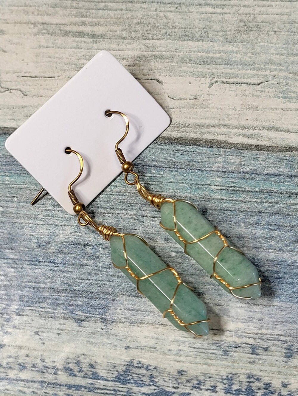 Gold-Wire Wrapped Green Stone Drop Earrings - Women Jewelry